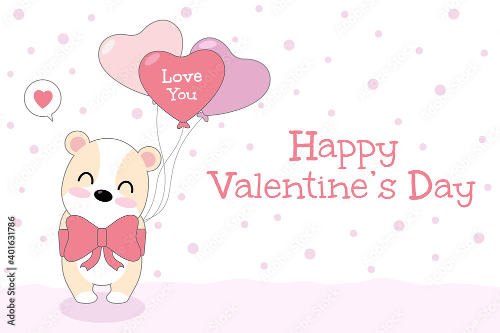 Vector celebratioin of cute dog with big pink bow and the heart balloon.