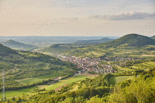 Schwäbische Alb (Swabian Alb) near Stuttgart – Germany, Beautiful View, Hilly, Landscape, green, village, horizon, cloudscape © imagemanufaktur