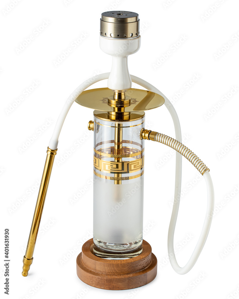 Isolated portable hookah or water pipe with traditional handcrafted pattern on white background