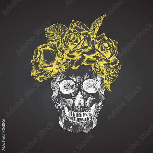 Hand drawn sketch human skull with wreath of flowers. Yellow roses Funny character Chalk graphic Engraving art isolated on chalkboard background. Vintage style. Vector illustration