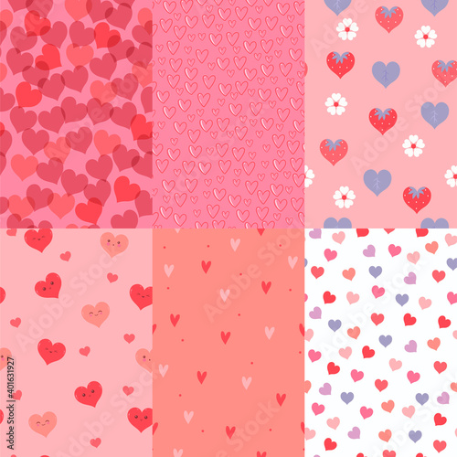 Set of seamless patterns with hearts. Vector graphics.