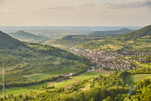 Fototapeta Naklejka Na Ścianę i Meble -  Schwäbische Alb (Swabian Alb) near Stuttgart – Germany, Beautiful View, Hilly, Landscape, green, village, horizon, cloudscape