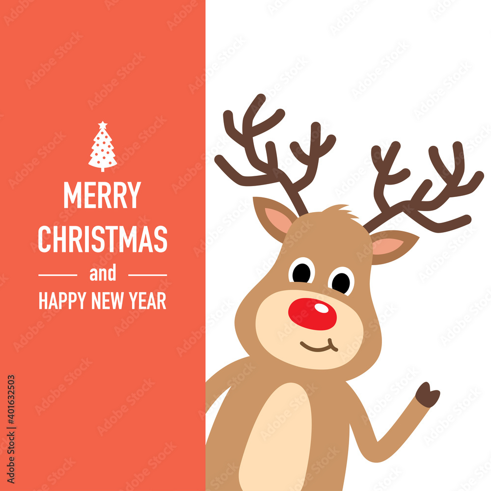 Reindeer with merry christmas banner. Cheerful reindeer celebrating Christmas.