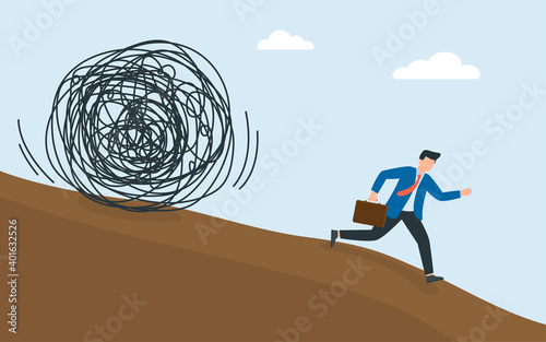 Man running from a mountain, run away from trouble, avoid stress, conflict with people.