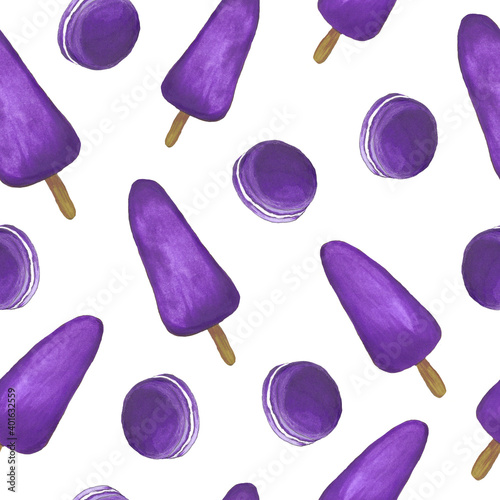 Purple ice cream illustration. Hand drawn violet ice cream and macaron. Seamless pattern with candy.
