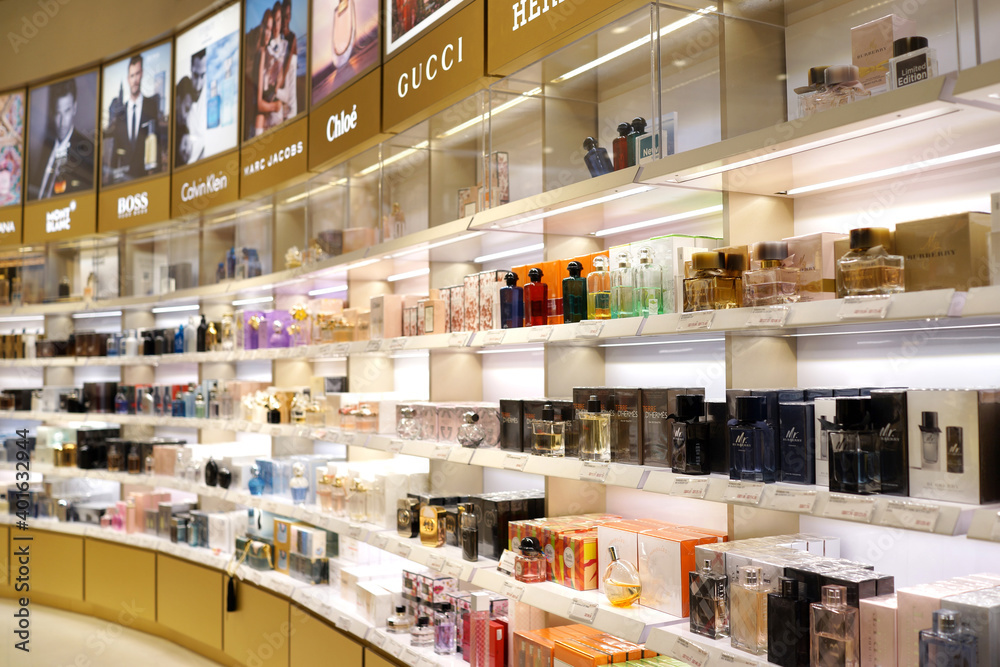 Interior of Cosmetics and Perfumes store in Changi Airport