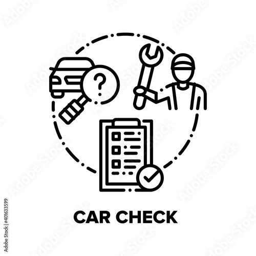 Car Check Repair Service Vector Icon Concept. Repairman Check Automobile Technical Condition, Researching And Inspecting Vehicle Engine And Fixing Broken Details Black Illustration