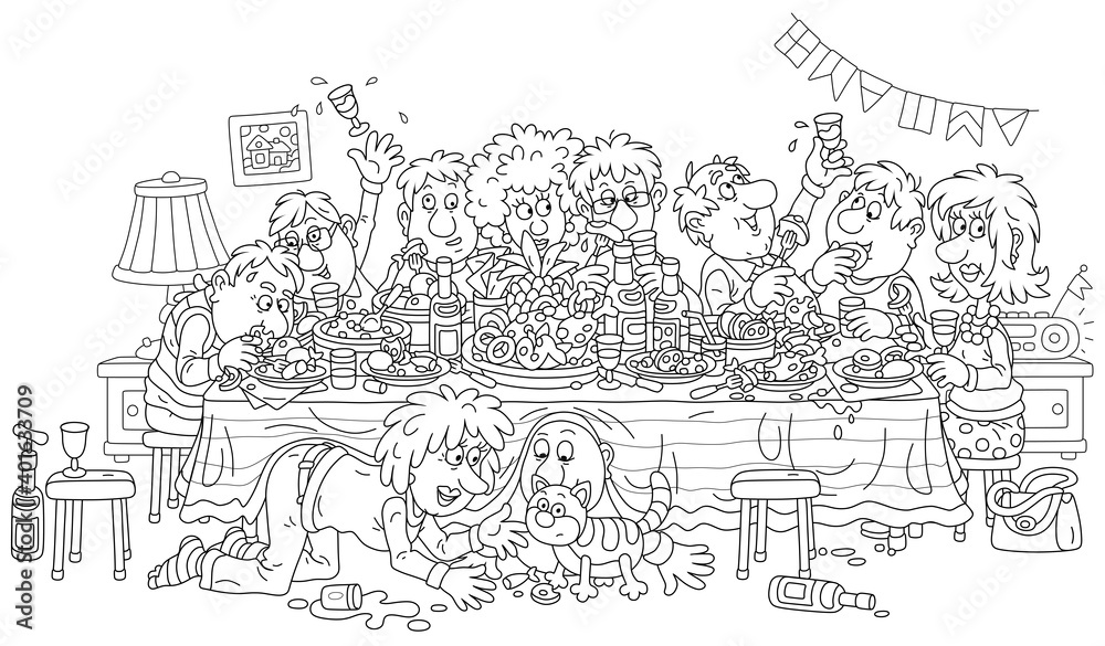 Joyous celebration with funny, noisy and slightly drunk guests at festive tableful of various drinks and tasty food, black and white outline vector cartoon illustration Joyous celebration with funny, noisy and slightly drunk guests at festive tableful of various drinks and tasty food, black and white outline vector cartoon illustration