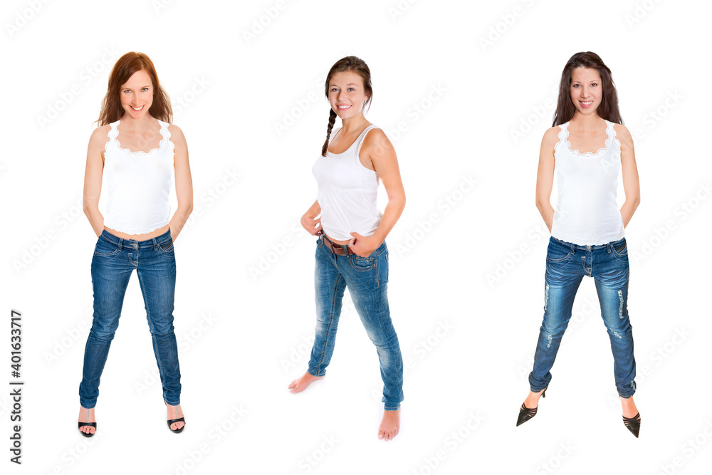 Full length portraits of three gorgeous young women wearing blue jeans and white tops, isolated on white studio background Full length portraits of three gorgeous young women wearing blue jeans and white tops, isolated on white studio background