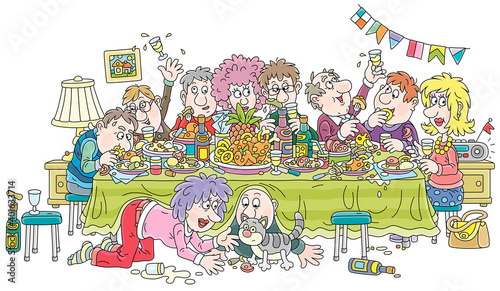 Joyous celebration with funny, noisy and slightly drunk guests at festive tableful of various drinks and tasty food, vector cartoon illustration isolated on a white background