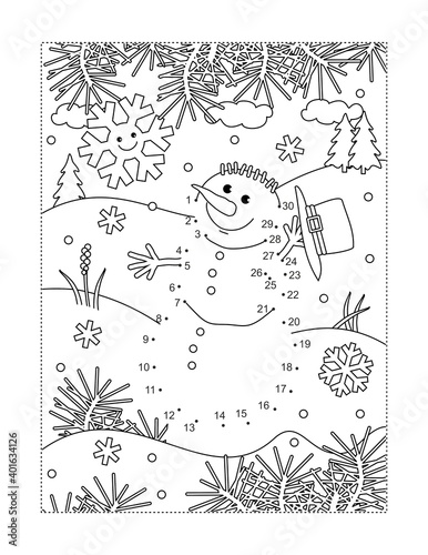 Snowman full page connect the dots puzzle and coloring page

