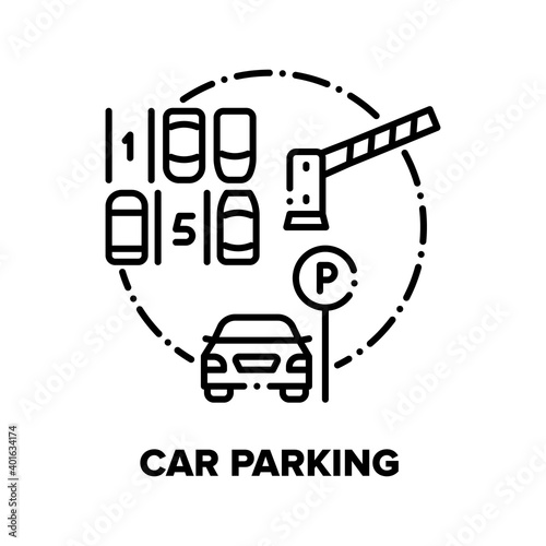 Car Parking Vector Icon Concept. Car Parking Barrier And Road Sign For Park Automobile, Underground Garage And Street Park With Free Places And Parked Transports Black Illustration