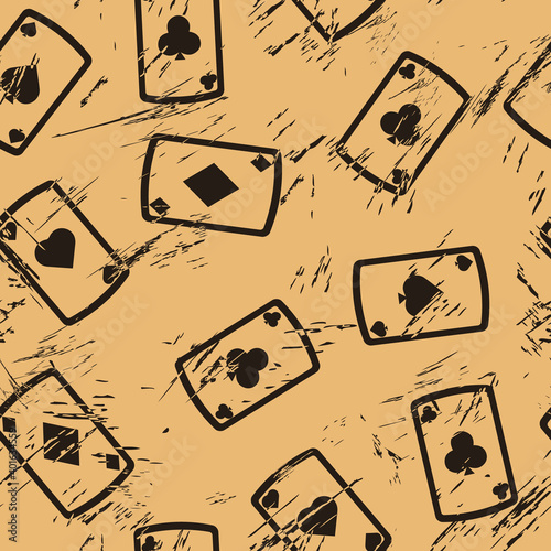 Playing card symbols seamless pattern in old retro style. Card suits vintage pattern grunge design. Casino poker hazard risk game. Icons of playing cards on craft paper imitation.