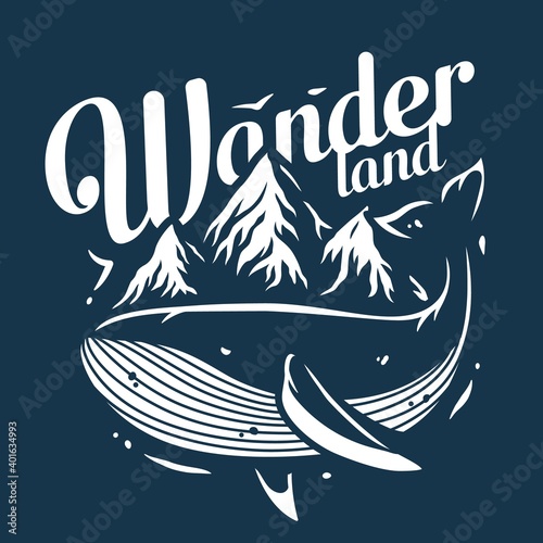 Marine whale and mountain. Nautical wanderlust sea adventure illustration