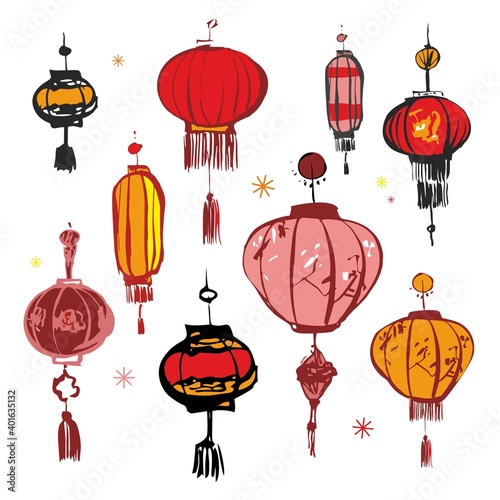 Set of decorative red Chinese lanterns hand drawn in ink on a white background. Elements for decoration cards, invitations, party posters. Background for a religious holiday. Vector illustration.