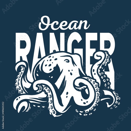 Marine octopus monster or kraken. Nautical wanderlust and adventure illustration. Ocean explorer