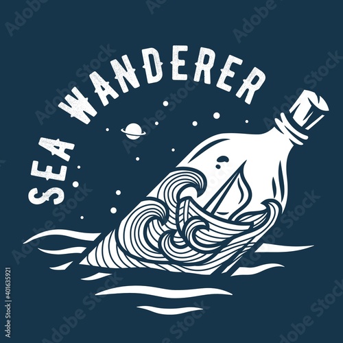 Marine boat swing on the waves inside the bottle at starry sky space. Nautical wanderlust and adventure illustration