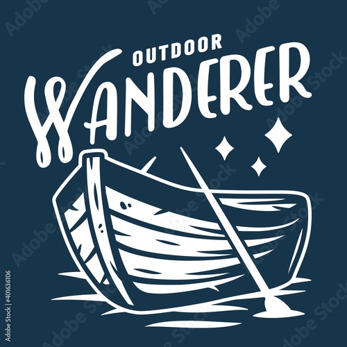 Marine boat or rowboat on the waves. Nautical wanderlust and adventure illustration. Travel outside