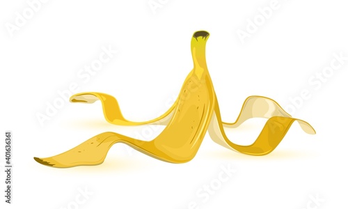 Fruit peel without flesh, empty rind. Vector thrown out tropical fruit with ripe tail. Exotic banana snack, dietary nutrition, vegetarianism design isolated on white background