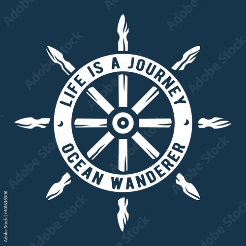 Marine old helm and vintage wheel at the sea. Nautical wanderlust and adventure illustration. Ocean explorer