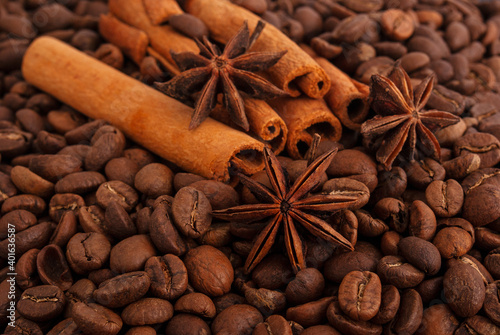 Cinnamon sticks with anise star isolated on coffee background 