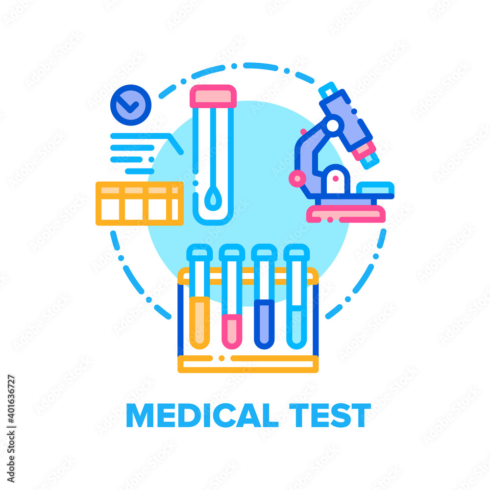 Medical Test Vector Icon Concept. Medical Laboratory Equipment For Researching Patient Analysis, Microscope And Flask. Medicine, Pharmaceutical, Scientific Research And Development Color Illustration