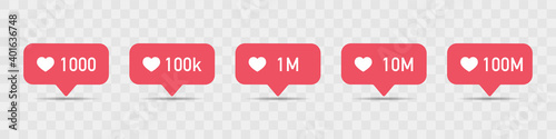 1000, 100k, 1m, 10m hearts vector illustration on transparent background