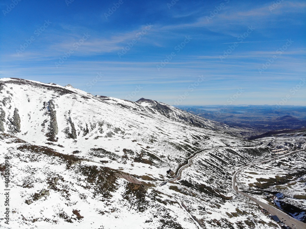 Aerial view of a snowy mountain in northern Spain