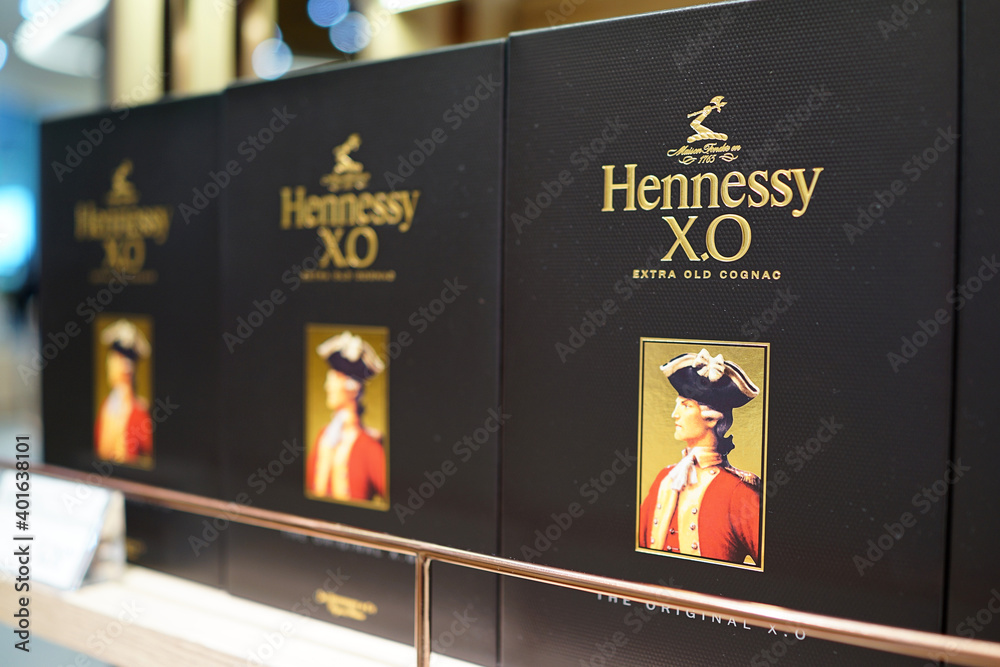 Hennessy extra old cognac on store shelf of Changi Airport Terminal 4