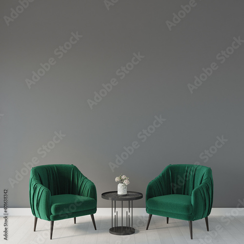 green armchairs in a room, 3d render, empty wall
