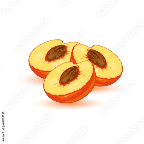 Fresh appetizing peaches, whole and cut open. Juicy sweet yellow round fruit. Summer snack. Nectarines, apricots. Vector cartoon icon isolated on white for packing, recipe, cookbook, market label.