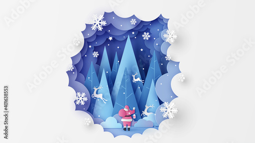 Santa Claus carrying a sack of presents journey into the forest with reindeer flying to sky on Christmas night. Merry Christmas, Happy new year. paper cut and craft style. vector, illustration.