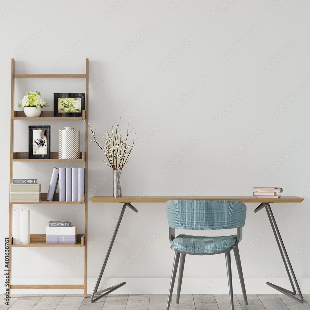 Obraz premium interior of a room with study desk, blue chair and wooden shelf, 3d render