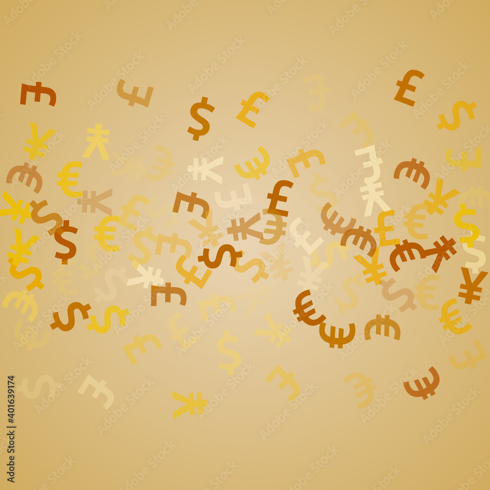 Euro dollar pound yen golden signs flying currency vector illustration. Profit growth backdrop.