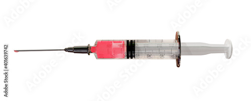 vaccine injection side  view red drop isolated for cavid-19 coronavirus background  - 3d rendering photo