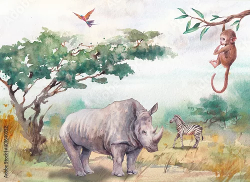 Fototapeta samoprzylepna Akwarela, krajobraz Afryki z dzikimi zwierzętami; nosorożec, szympans, zebra. Piękna scena safari