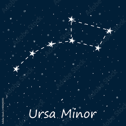 Constellation of Ursa Minor in starry night sky. Celestial body in space, latin inscription. Vector stock illustration in cartoon style. Can be used in astronomy textbooks, fashion magazines.