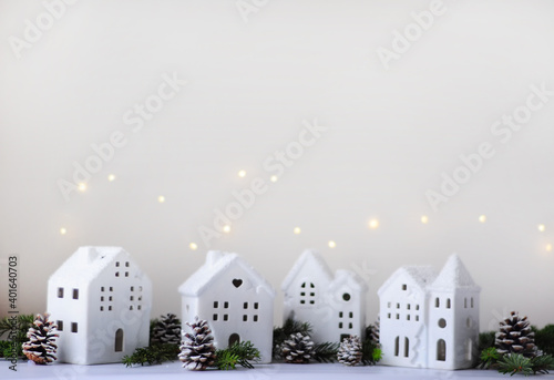 white ceramic houses, New Year's or Christmas card
