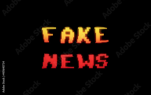A funky, colorful game screen, in 8 bit retro style, with the waving distorted text Fake News. Red and yellow color gradients. 