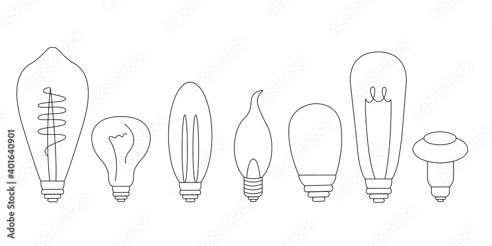 Light bulbs set. Energy saving lamps, alternative energy sources. Vector illustration in a simple linear style. Light bulbs set. Energy saving lamps, alternative energy sources. Vector illustration in a simple linear style.