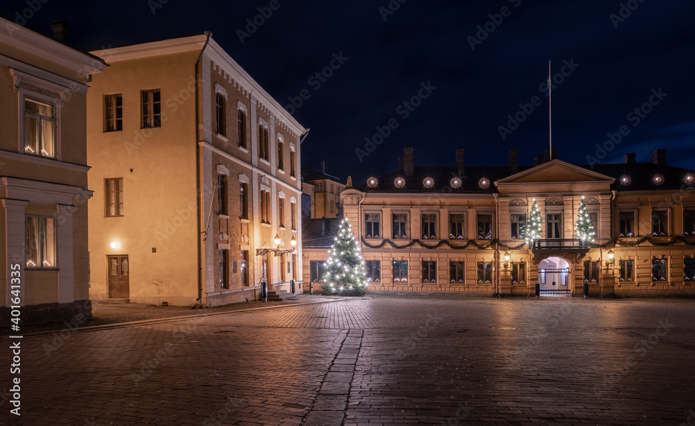 The old town hall and Brinkkala mansion in the old great square in Turku, Finland at night