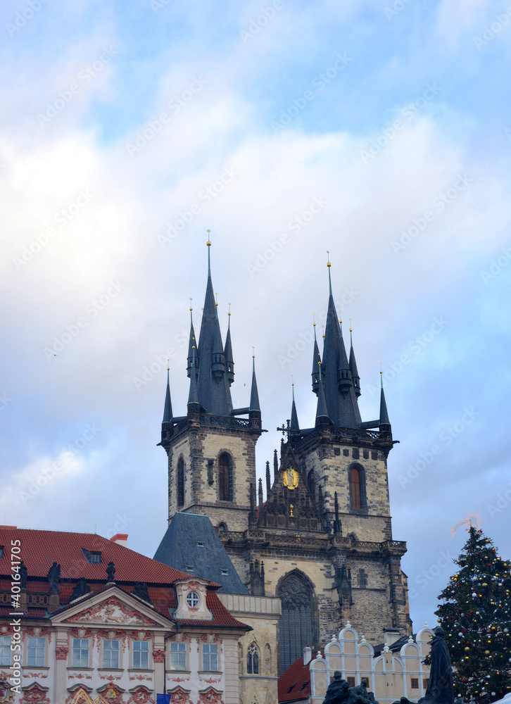 Prague, Czech Republic, Christmas tree and church of our lady facade at the old market