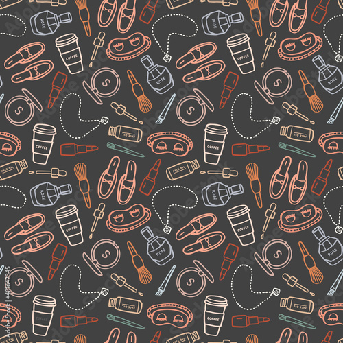 Seamless pattern with Woman's morning beauty routine attributes. Hand drawn vector illistration. Doodle style background.