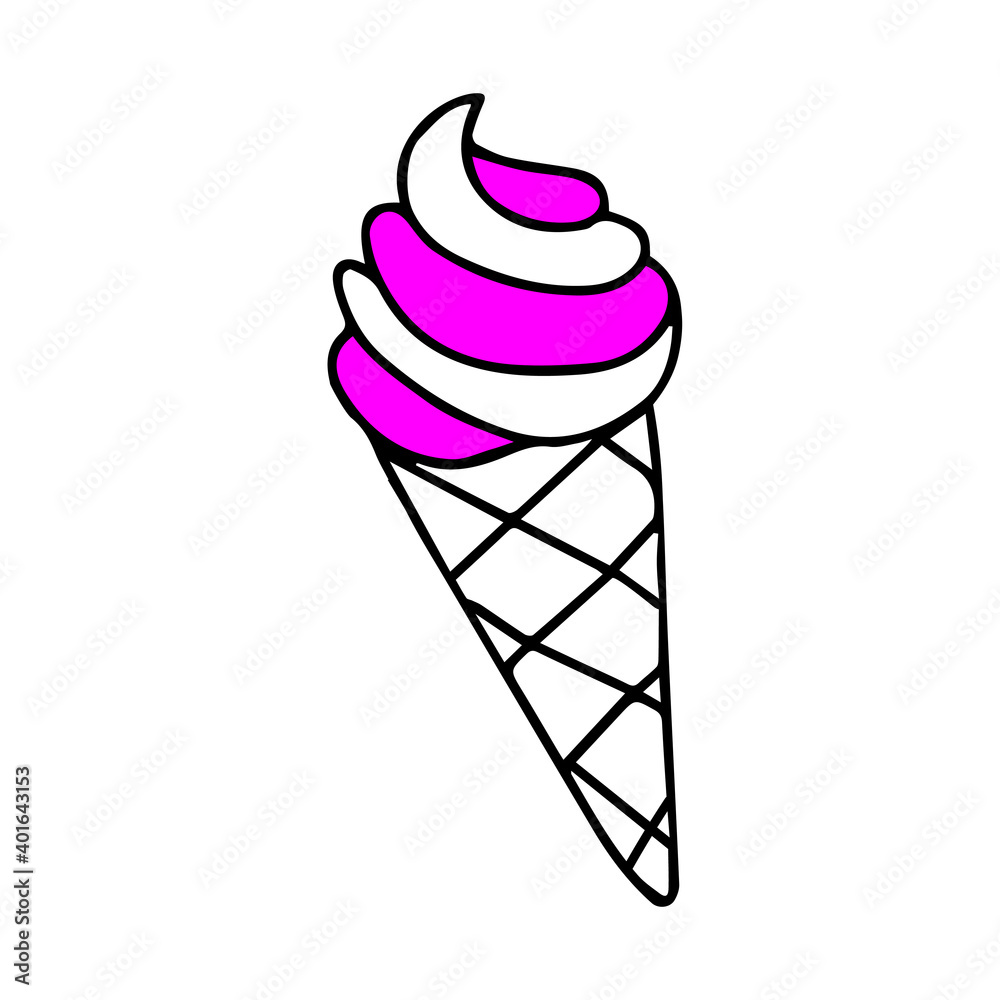 Black hand-drawn vector illustration of One fresh cold pink ice cream in a waffle cone isolated on a white background Black hand-drawn vector illustration of One fresh cold pink ice cream in a waffle cone isolated on a white background