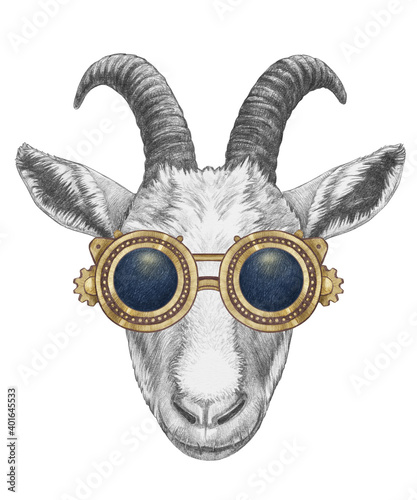 Portrait of Goat with goggles. Hand-drawn illustration.