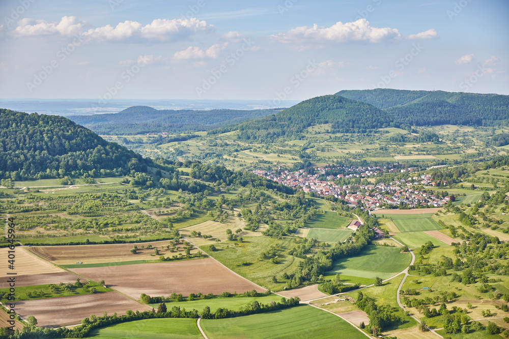 Schwäbische Alb (Swabian Alb) near Stuttgart – Germany, Beautiful View, Hilly, Landscape, green, village, horizon, cloudscape