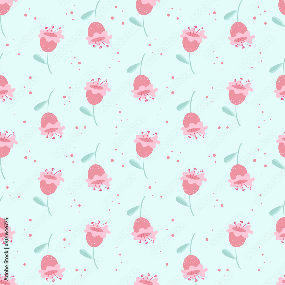 Vector seamless pattern with stylized delicate pink flowers with green leaves. The design is great for wallpapers, scrapbooking, summer and wedding designs, packaging, textiles, fabrics, bedding Vector seamless pattern with stylized delicate pink flowers with green leaves. The design is great for wallpapers, scrapbooking, summer and wedding designs, packaging, textiles, fabrics, bedding