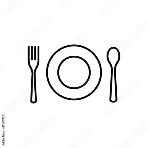 Plate, fork and knife icon in flat style. Food symbol isolated on white background. Bar, cafe, hotel concept