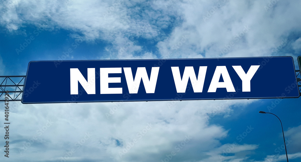 NEW WAY road sign with blue sky and cloud background. New year