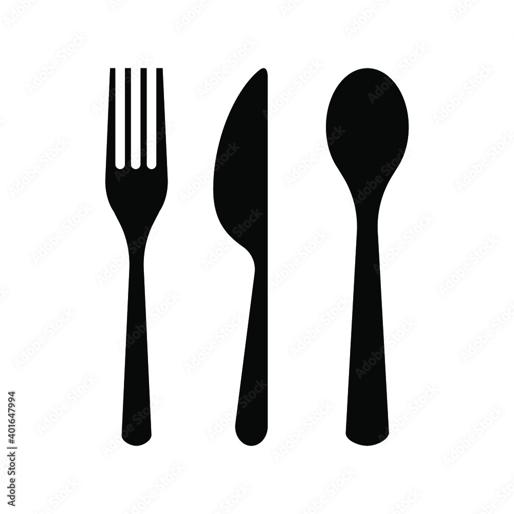 Plate, fork and knife icon in flat style. Food symbol isolated on white background. Bar, cafe, hotel concept